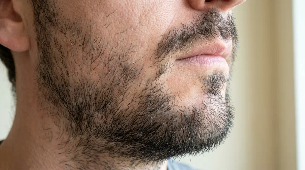 Close-up of patchy beard growth showing thin cheek areas and denser chin