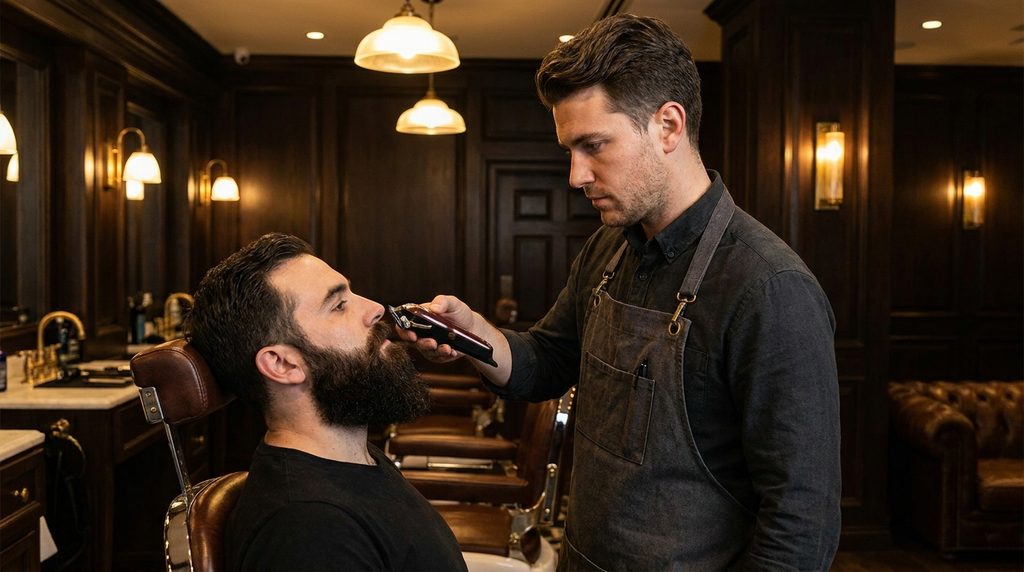 Barber shaping a patchy beard to make it look fuller at Z CUTZ Bangkok