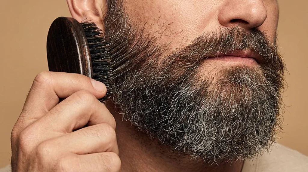 Brushing technique to style a patchy beard for fuller coverage